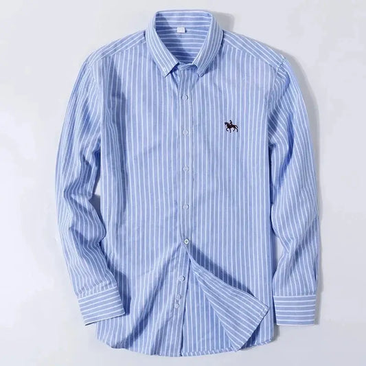 Cotton Oxford Long Sleeve Plaid Striped Casual Shirts For Men
