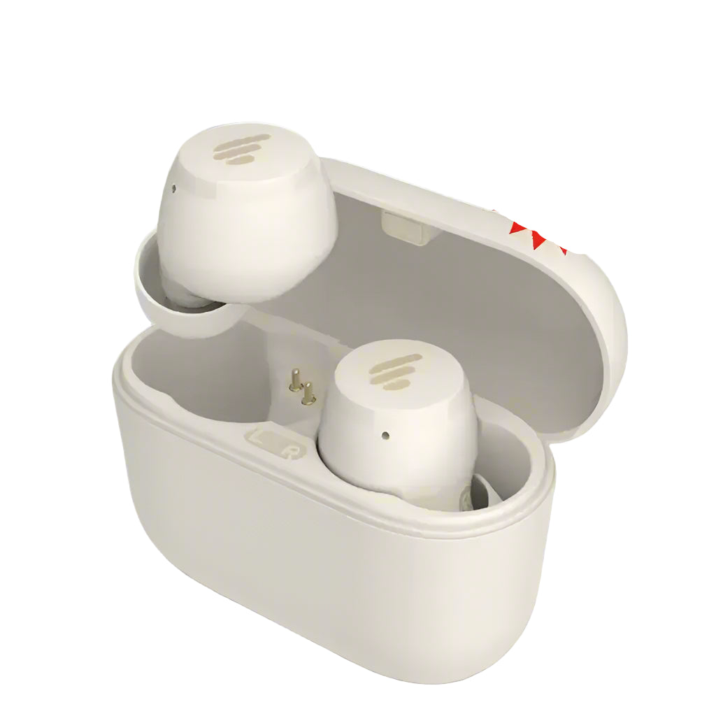 White Edifier X3 Lite Wireless Earbuds with charging case and red New sticker