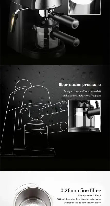 Espresso machine with steam pressure and fine filter in Electric Italian Coffee Machine