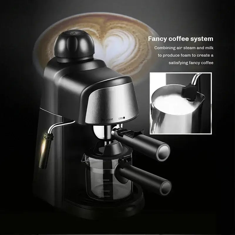 Black Italian Coffee Machine with steam wand for frothing milk, 5 Bar Professional Espresso Maker