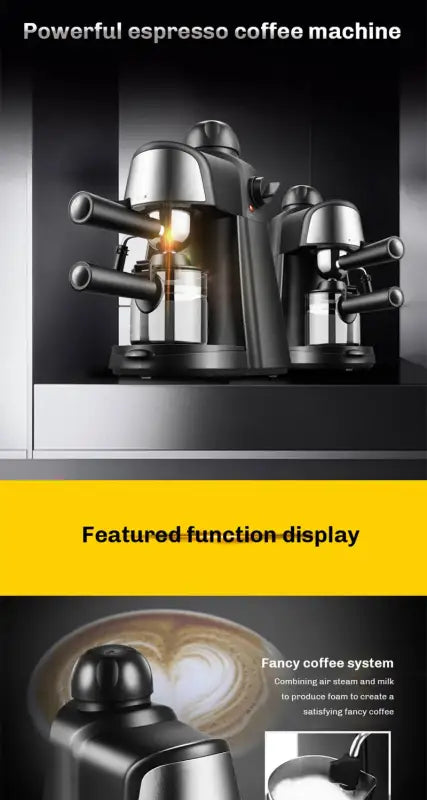 Stainless steel Electric Italian Coffee Machine with dual brewing heads and steam wands