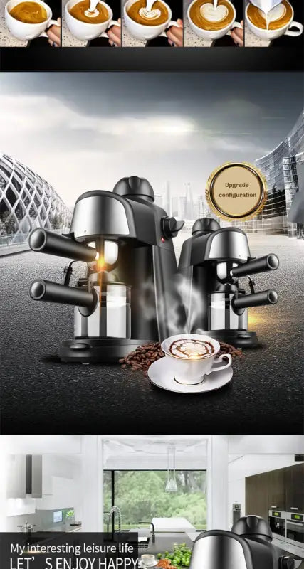 Stainless steel Italian coffee machine with latte cup and coffee beans, professional espresso maker