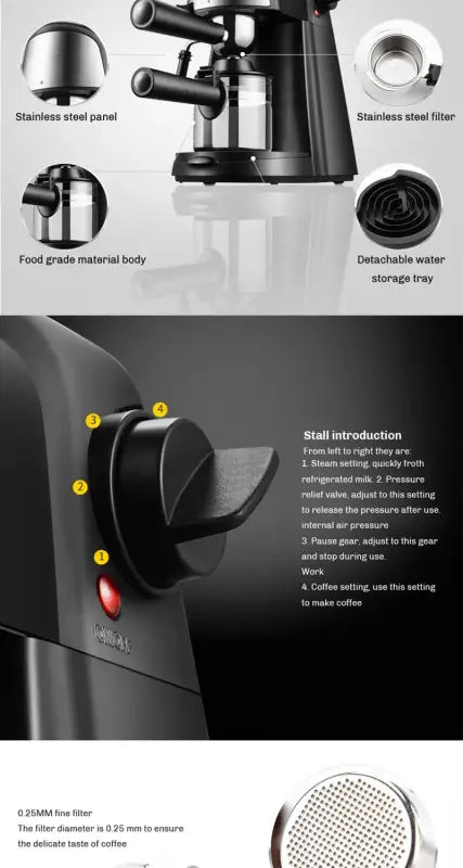Black Electric Italian Coffee Machine with steam wand and portafilter, 5 Bar Professional Espresso