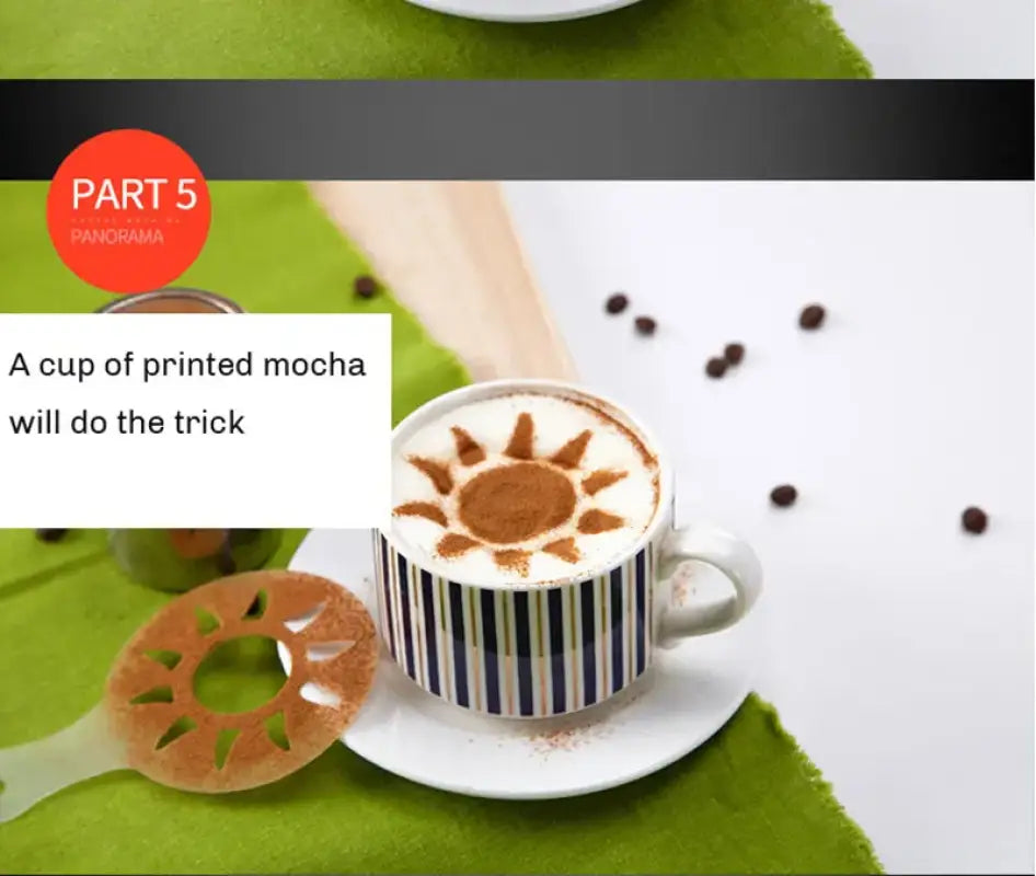 Cup of mocha coffee with sun pattern, made using Electric Italian Coffee Machine