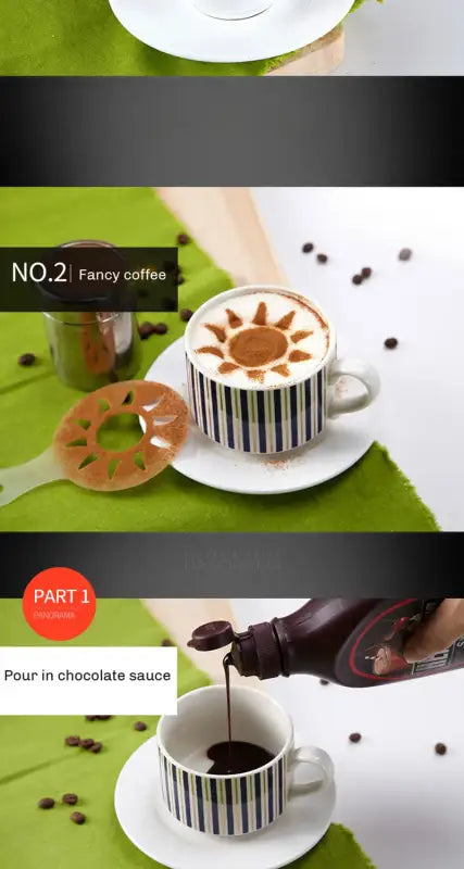 Striped coffee cup with sun latte art from Electric Italian Coffee Machine 5 Bar Professional Espresso Maker