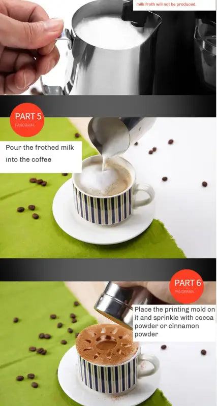 Striped coffee cup filled with milk topped with cocoa from Electric Italian Coffee Machine