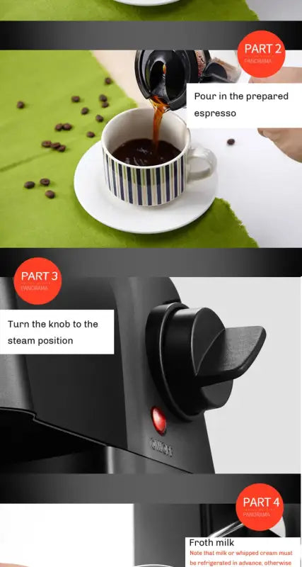 Electric Italian Coffee Machine pouring fresh coffee into a striped cup