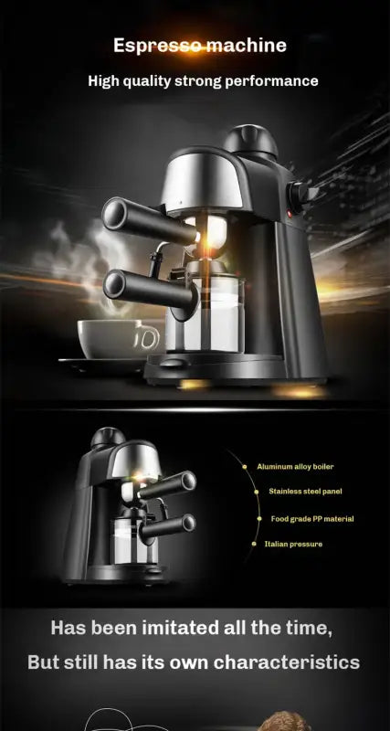 Sleek black Italian coffee machine with metallic steam wand and portafilter for espresso
