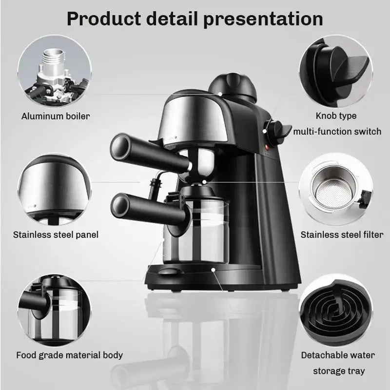 Black Italian Coffee Machine with stainless steel for brewing professional espresso at 5 bar