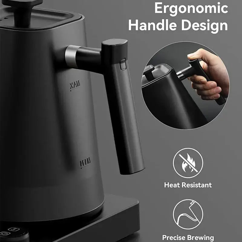 Matte black electric kettle 1.0 L with ergonomic handle for goose neck hand brew