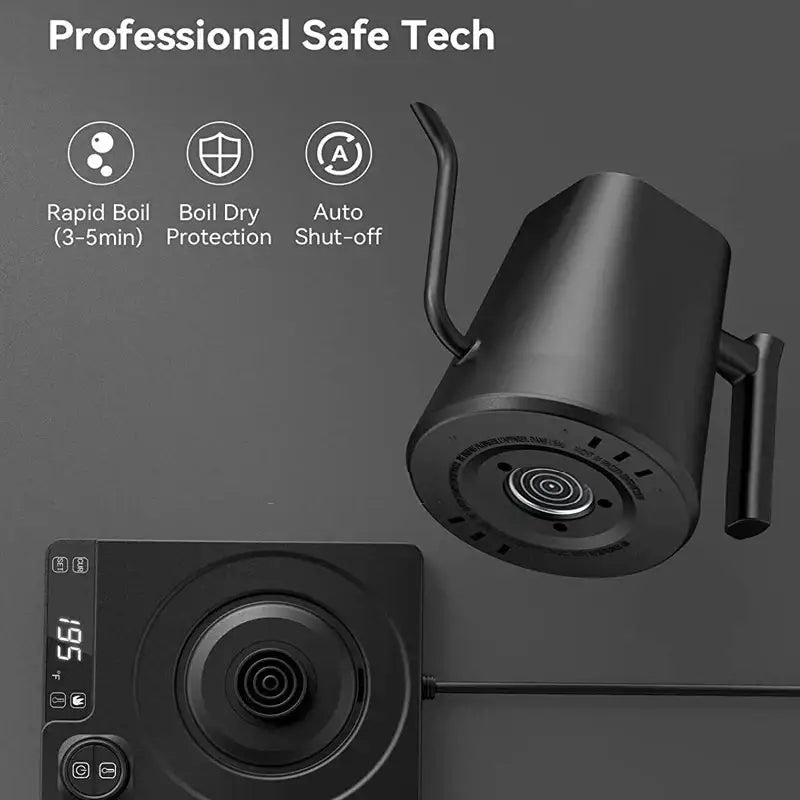 Black Electric Kettle 1.0 L Goose Neck Hand Brew with safety features and rapid boil function