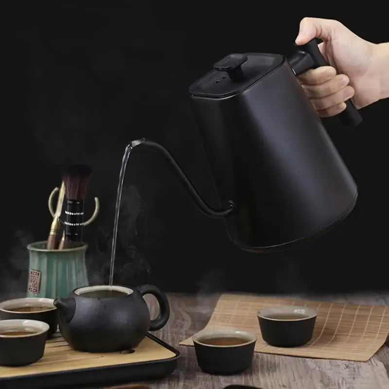 Matte black gooseneck kettle pouring hot water for perfect Goose Neck Hand Brew coffee