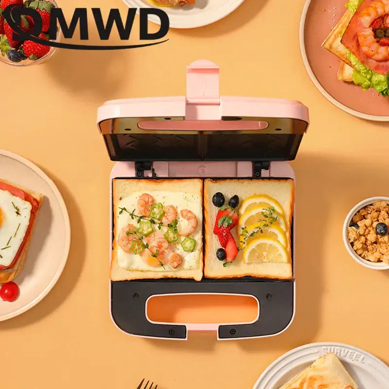 Pink Panini Sandwich Machine with decorated toast slices in a multifunction baking pan