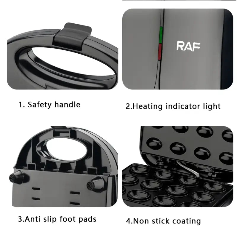 Electric Walnut Cake Waffle Maker showcasing safety handle, heating indicator, and non-stick surface