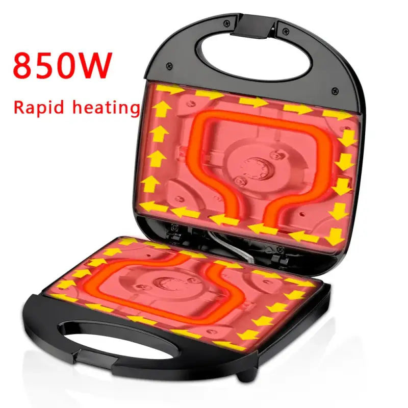 Black Electric Walnut Cake Waffle Maker with 850W heating and glowing red elements