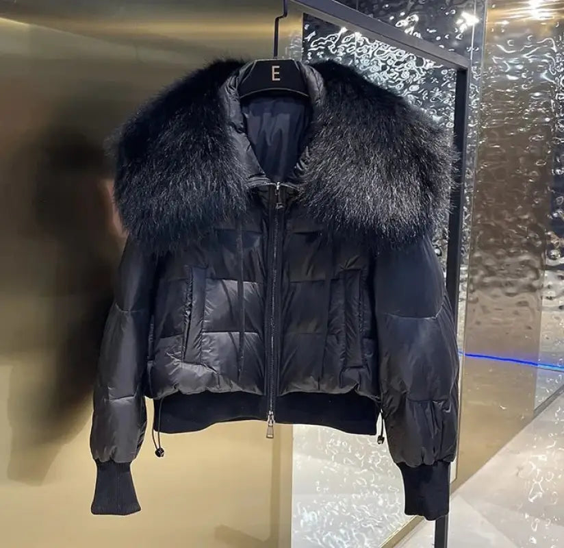 Black Puffer Bomber Jacket with Fur Collar - Female Winter Jacket in Light Luxury All-Match Style