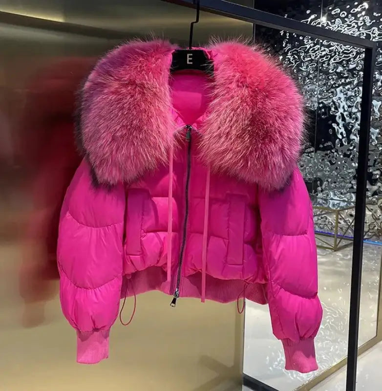 Hot pink puffer jacket with fur collar from European Version Winter New Light Luxury All-match