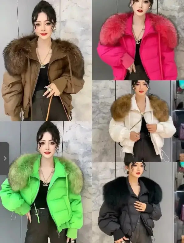 Puffy Female Winter Jackets in Brown, Pink, Green, White, and Black for Light Luxury All-match