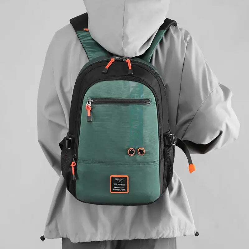 Green and black backpacks high quality with orange zipper accents in nylon fabric bag