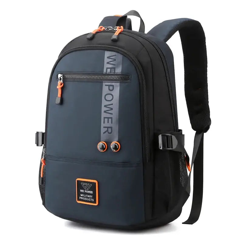Navy blue backpack with orange accents in quality nylon fabric for men