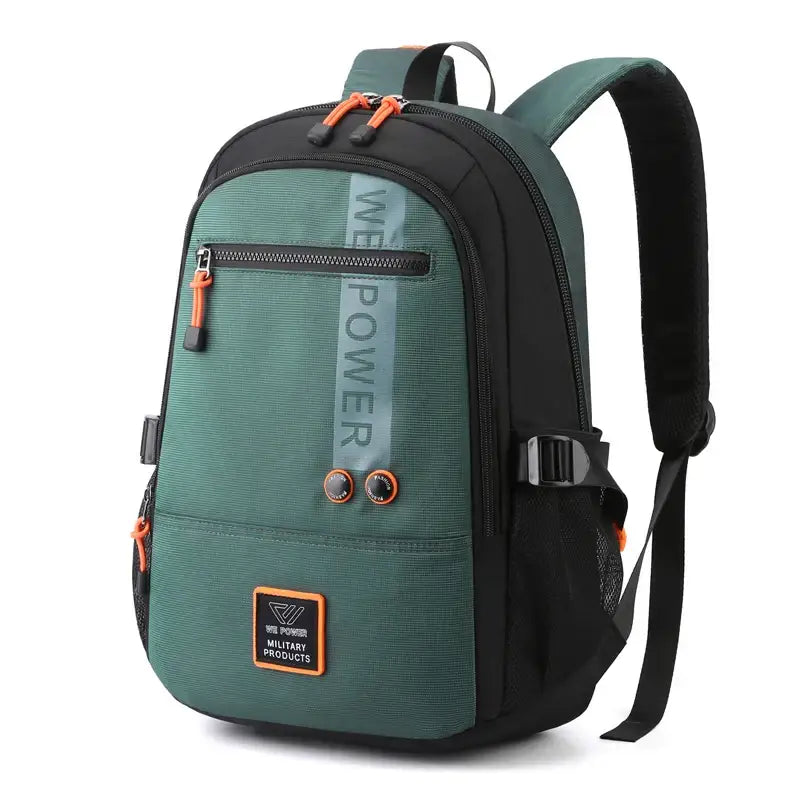 Green and black backpacks high quality with orange accents and zippered compartments