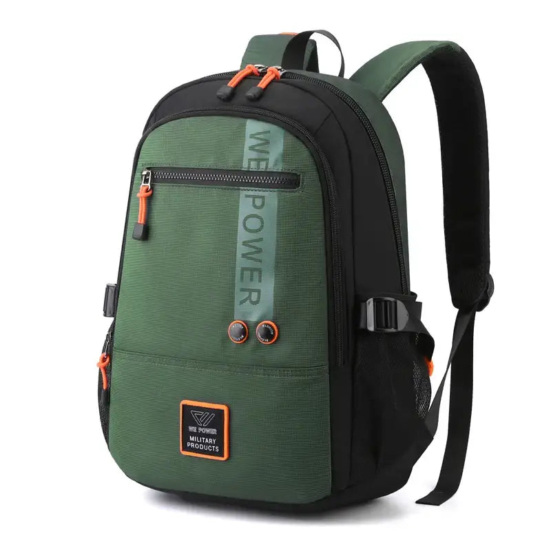 Green and black backpacks high quality with orange accents and zippered compartments