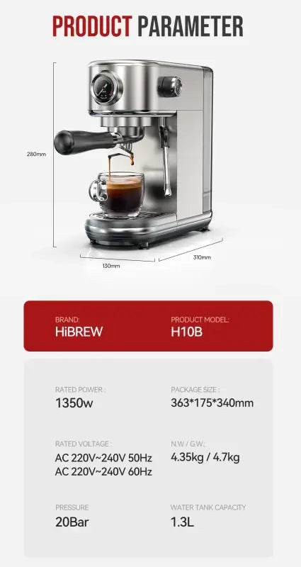 HiBREW 20 Bar Semi Automatic Espresso Coffee Machine Temperature Adjustable