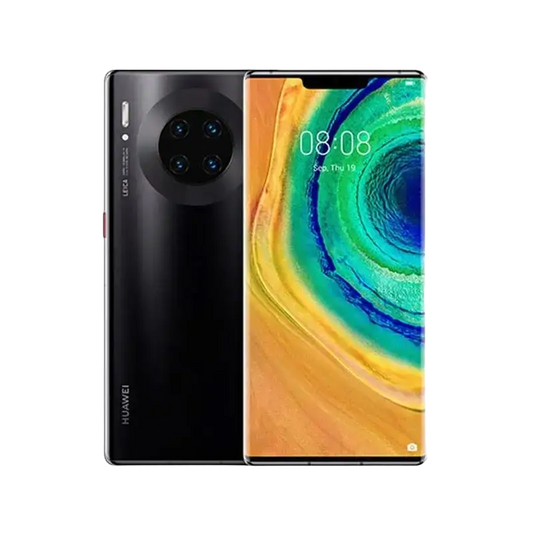 Black Huawei Mate 30 Pro smartphone with triple rear camera and curved display