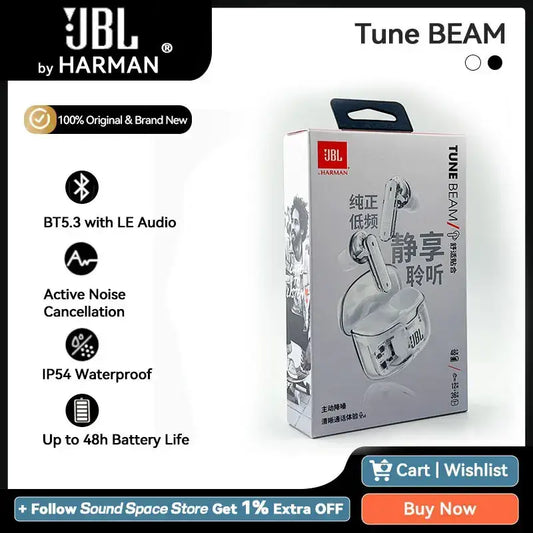 JBL TUNE BEAM GHOST Original TWS Bluetooth ANC Earphone BT 5.3 LE Audio IP54 Waterproof Active Noise Cancelling Earbuds With Mic