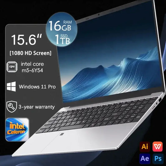 15.6 inch laptop with Intel m5-6Y54, 16GB RAM, 1TB SSD, 1080 HD screen, Windows 11 Pro, 3-year warranty.