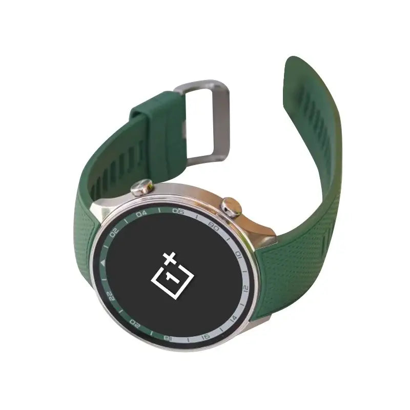OnePlus Snapdragon Smartwatch showing slim alloy body and durable green band