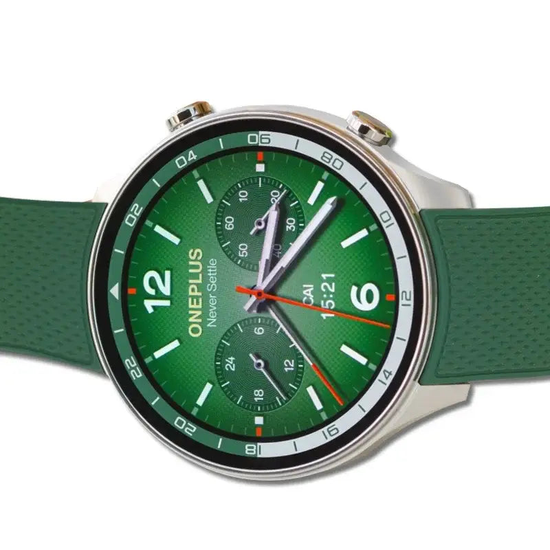 OnePlus Snapdragon Smartwatch with 1.43-inch AMOLED round display and green silicone strap