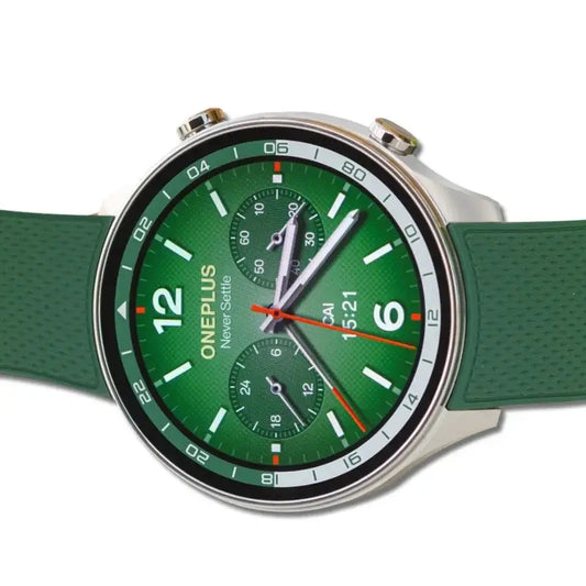 OnePlus Snapdragon Smartwatch with 1.43-inch AMOLED round display and green silicone strap