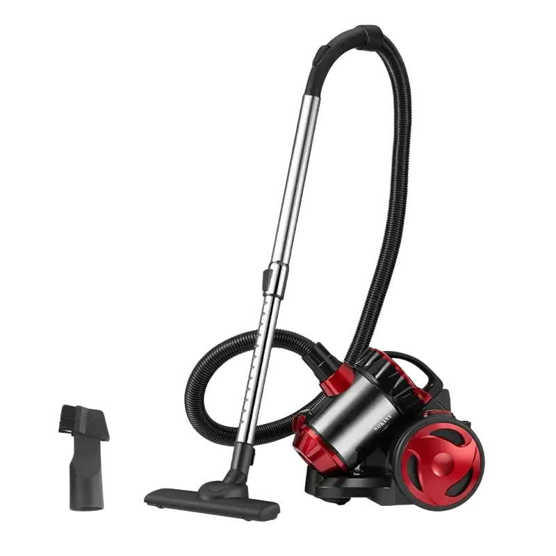Red and black household vacuum cleaner with silver accents, hose, wheels