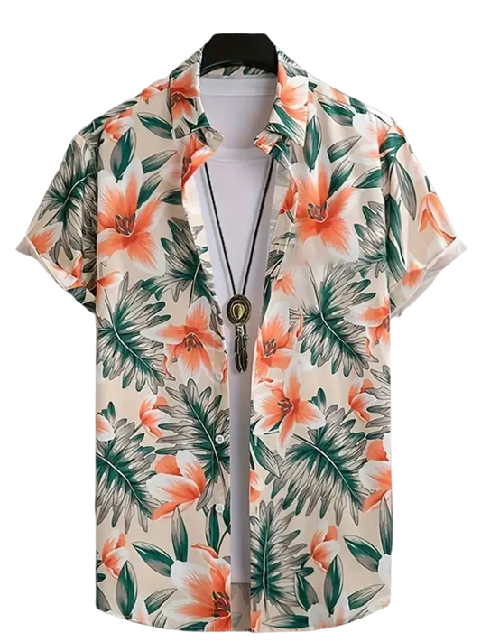 Men’s short-sleeve floral print button-up shirt with orange green leaves flowers