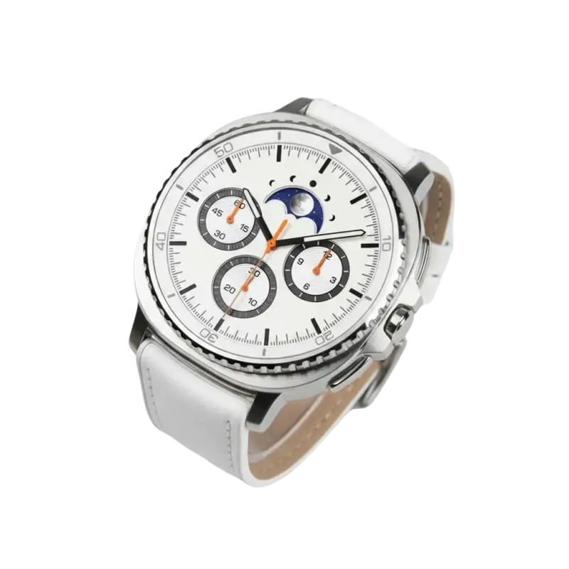 Samsung Galaxy smartwatch with white leather moon phase strap and tracker