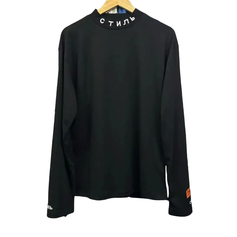 Black long-sleeved men’s cotton top with Cyrillic collar embroidery