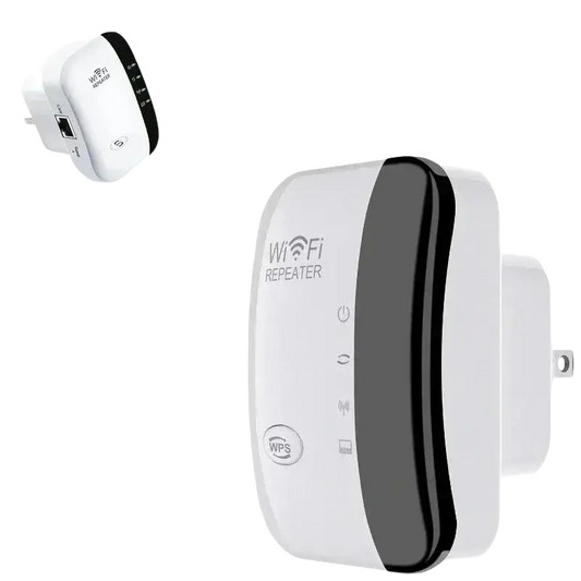 Sleek white Wi-Fi extender with black accents and high transmission rate