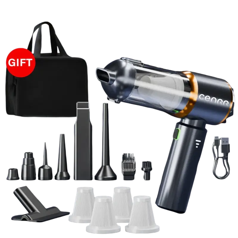 Portable wireless vacuum cleaner with black silver attachments for home car