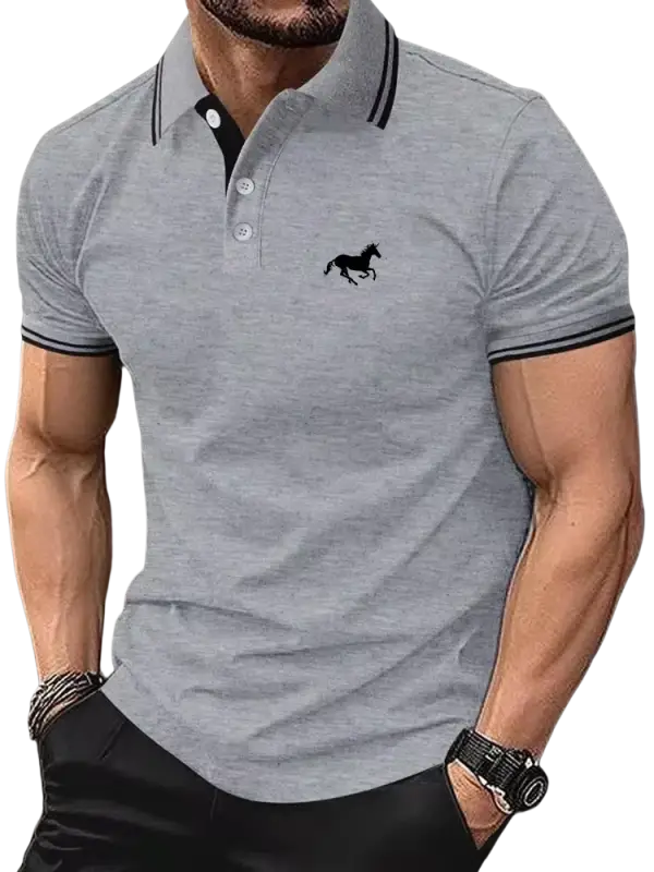 Gray polo shirt with black horse embroidery for casual wear