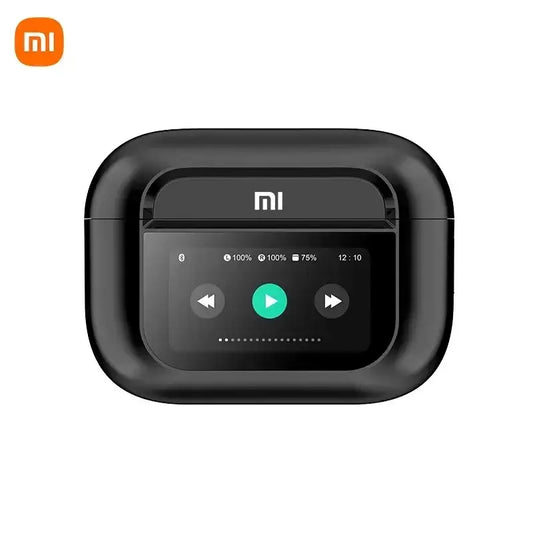 Black Xiaomi wireless earbud charging case with a digital display screen.
