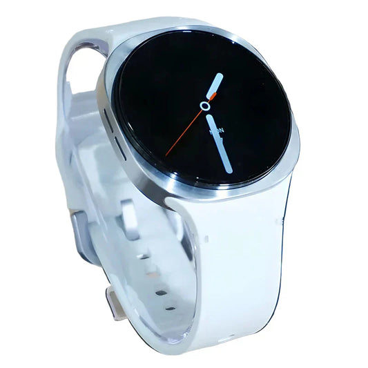 White silicone strap smartwatch with a sleek silver bezel and black digital face displaying minimalist white hands.