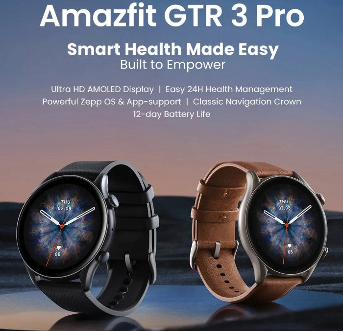 Amazfit GTR 3 Pro smartwatch with black and brown straps on a blurred background