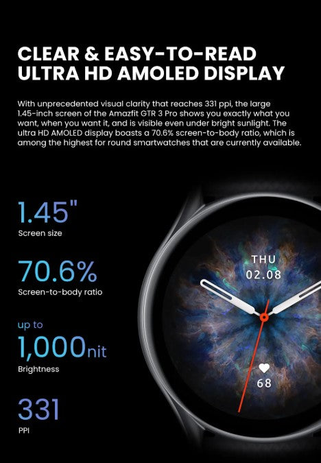 Smartwatch with ultra HD AMOLED display specifications on a black background