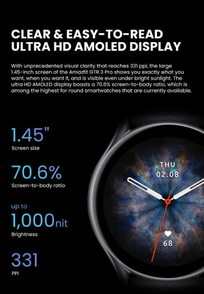 Smartwatch with ultra HD AMOLED display specifications on a black background