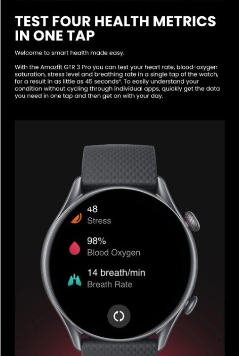 Smartwatch displaying health metrics with text about multiple health tests on a black background