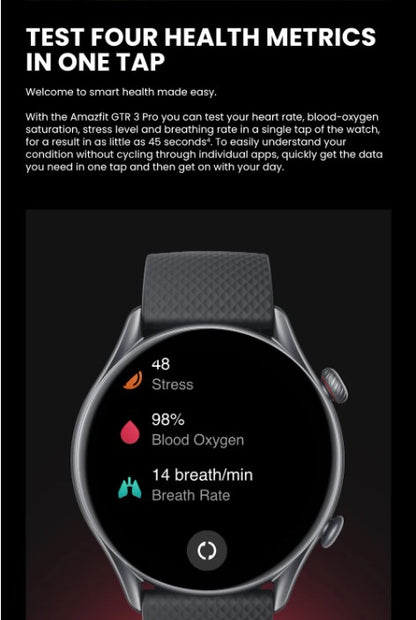 Smartwatch displaying health metrics with text about multiple health tests on a black background