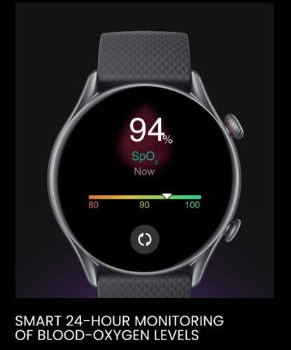 Smartwatch displaying blood-oxygen level on a dark background