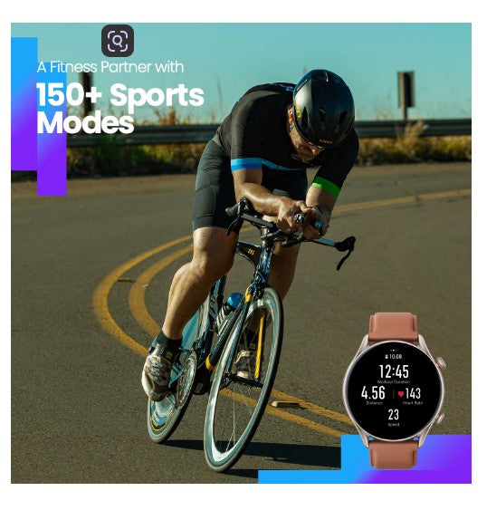 Person cycling on a road with a fitness tracker display overlay