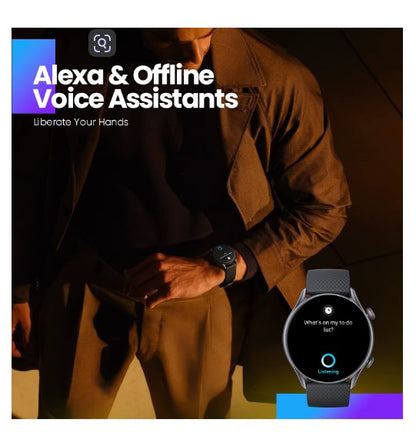 Person wearing a smartwatch with text about Alexa and offline voice assistants.